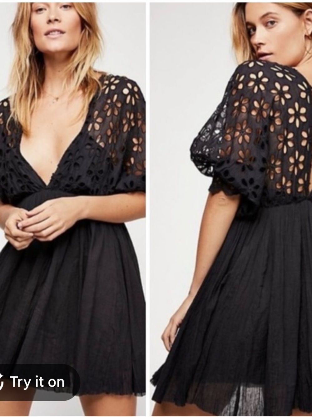 Free People Black Eyelet Puff Sleeve Mini Dress